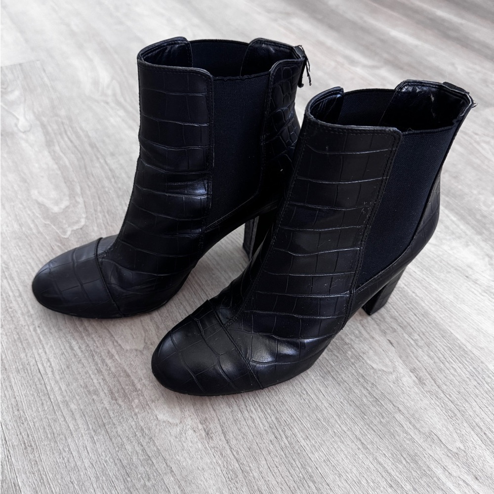 Black Crocodile-Embossed Ankle Boots